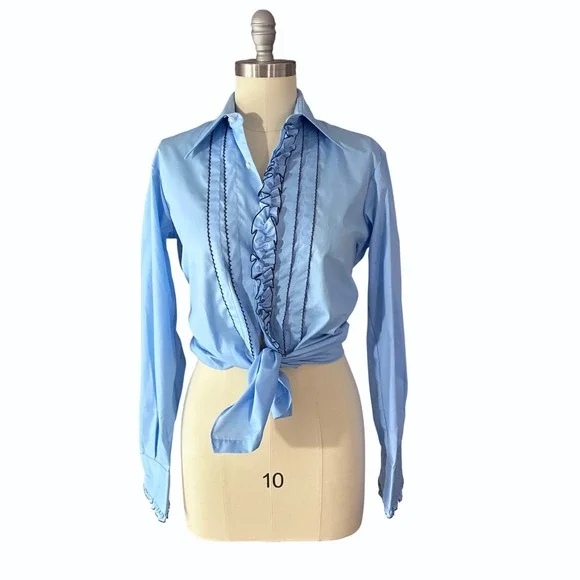 Vintage 1970s After Six Ruffled Light Blue Unisex Vampirecore Shirt - Picture 1 of 7